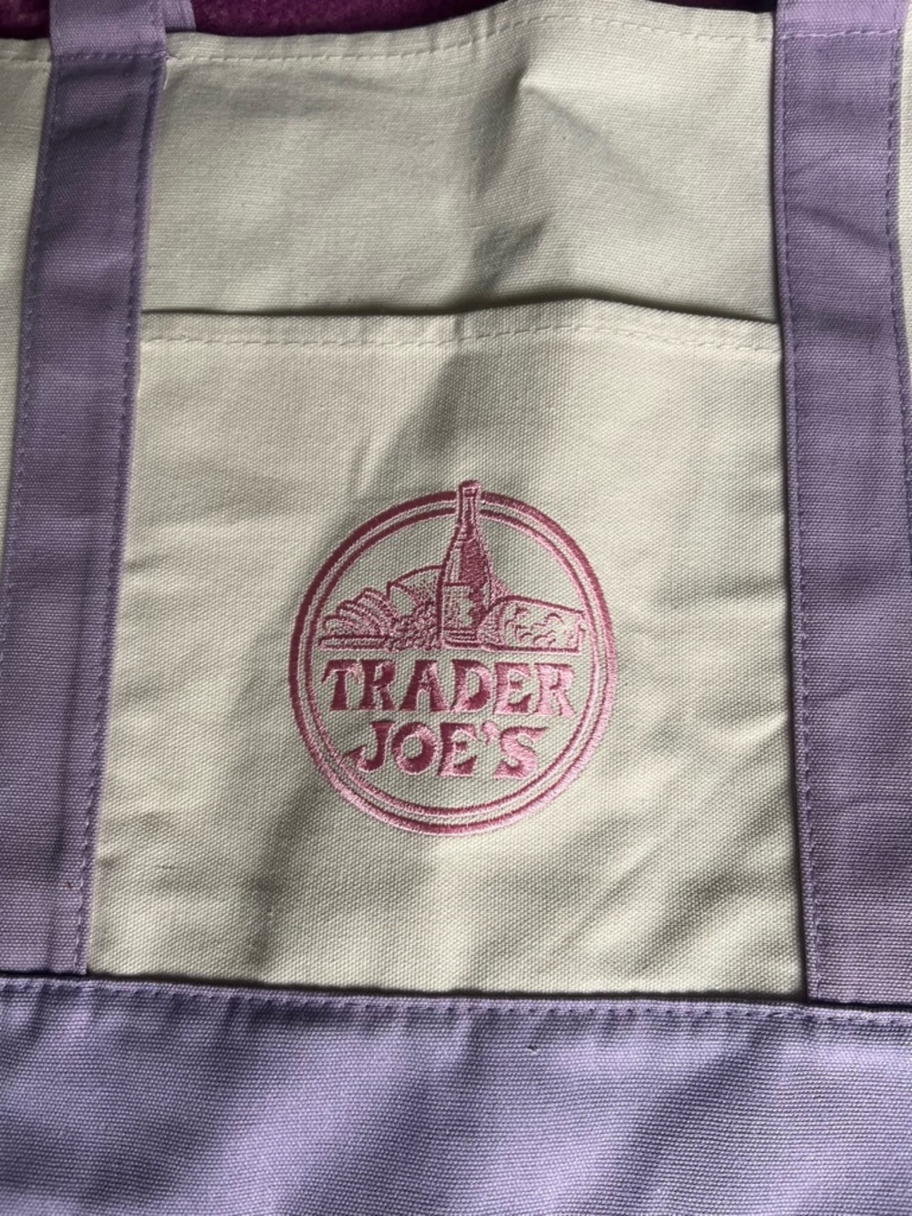 Large Trader Joe's Lavender & Cream Canvas Tote - Picture 2 of 3